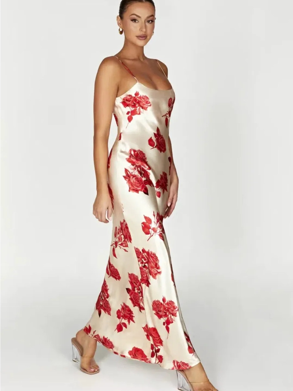 MESHKI Red Rose Champagne Satin Slip Maxi Dress Size S - Picture 3 of 16